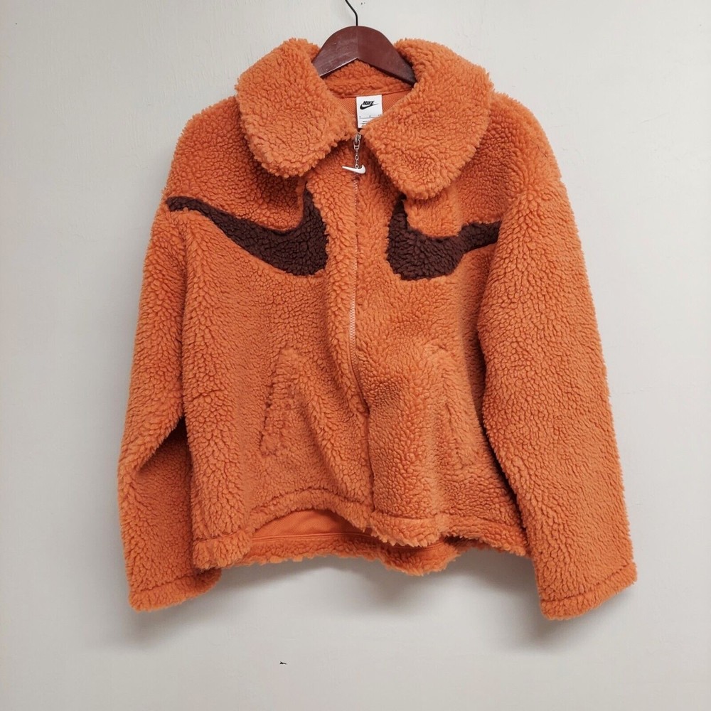 Nike Jacket Women S Orange Brown Fleece Sherpa Swoosh Logo Full Zip DD5620 816